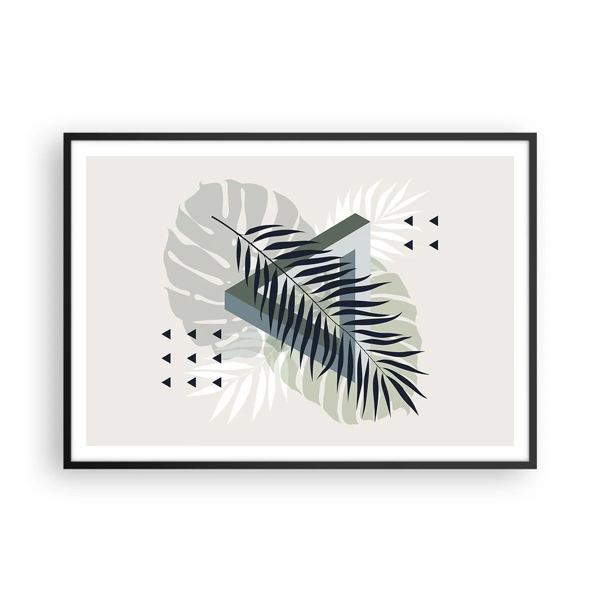 Poster in einem schwarzem Rahmen - Geometrische Komposition mit tropischen Blättern in Grüntönen - 100x70cm - Natur und Geometrie – zwei Ordnungen? - Moderne Wanddekoration für Wohnzimmer und Schlafzimmer ARTTOR
