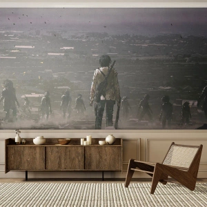 Fototapete Premium Sand - Ein einsamer Krieger in einer postapokalyptischen Welt mit Zombies - 100x70cm - Letzter Gerechter? - Moderne Wanddekoration für Wohnzimmer und Schlafzimmer ARTTOR