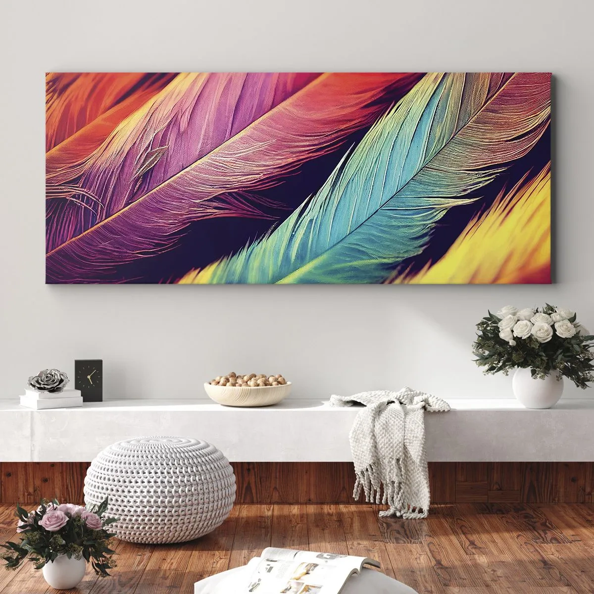 Bild auf Leinwand - Leinwandbild - Bunte Federn in intensiven Farben - 120x50cm - Gefiederter Regenbogen - Moderne Wanddekoration für Wohnzimmer und Schlafzimmer ARTTOR