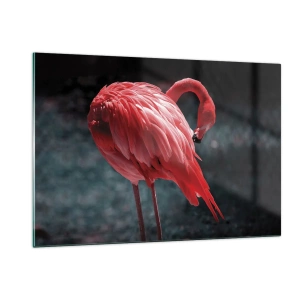 Glasbild - Bild auf glas - Ein Flamingo in intensiven Rottönen auf dunklem Hintergrund - 120x80cm - Ein purpurrotes Gedicht der Natur - Moderne Wanddekoration für Wohnzimmer und Schlafzimmer ARTTOR
