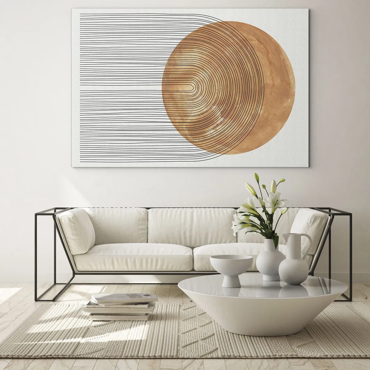 Glasbild - Bild auf glas - Geometrische Form mit konzentrischen Linien und einem goldenen Kreis - 70x50cm - SonnenKomposition - Moderne Wanddekoration für Wohnzimmer und Schlafzimmer ARTTOR