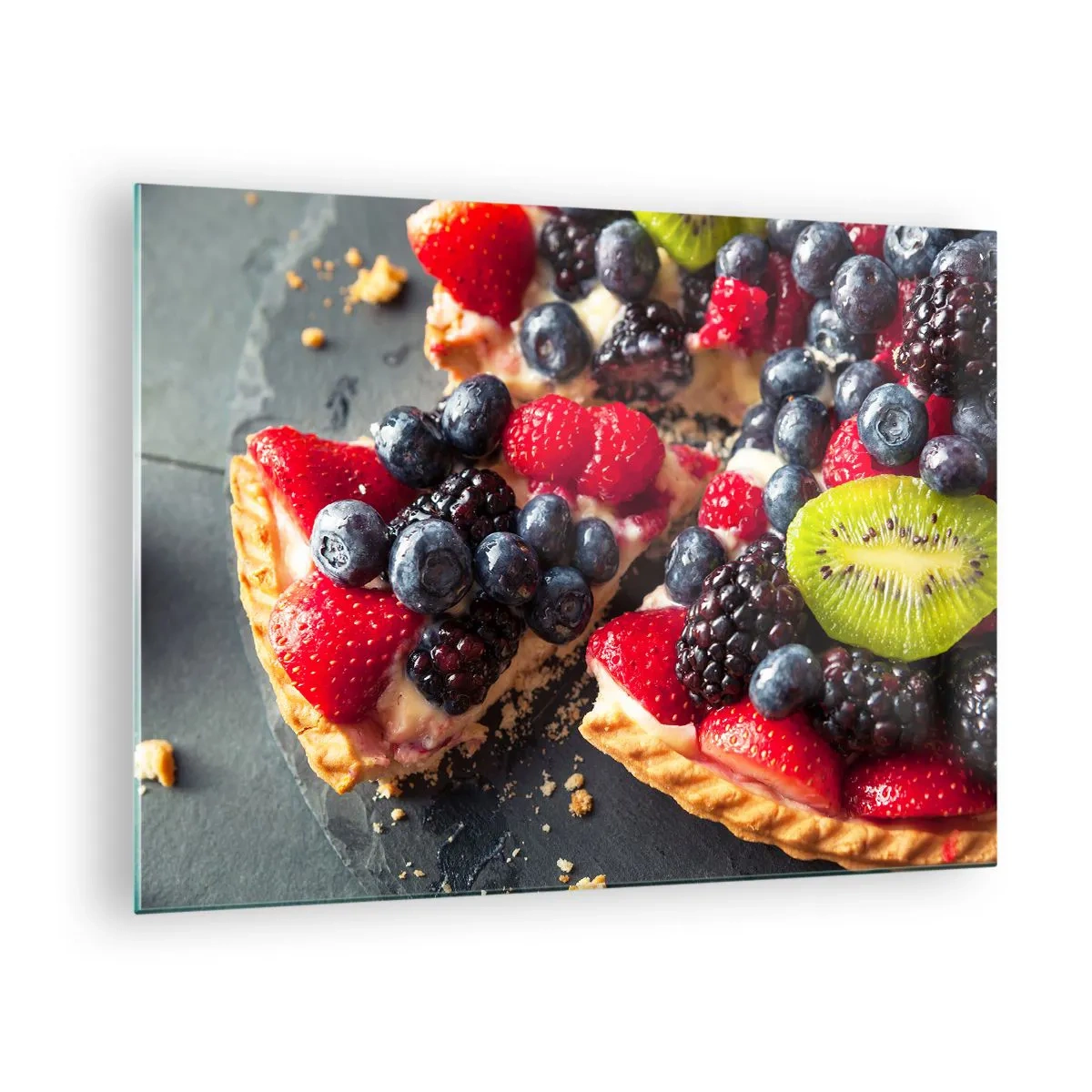 Glasbild - Bild auf glas - Obsttorte mit Blaubeeren, Kiwi und Erdbeeren - 70x50cm - Dolce Vita! - Moderne Wanddekoration für Wohnzimmer und Schlafzimmer ARTTOR