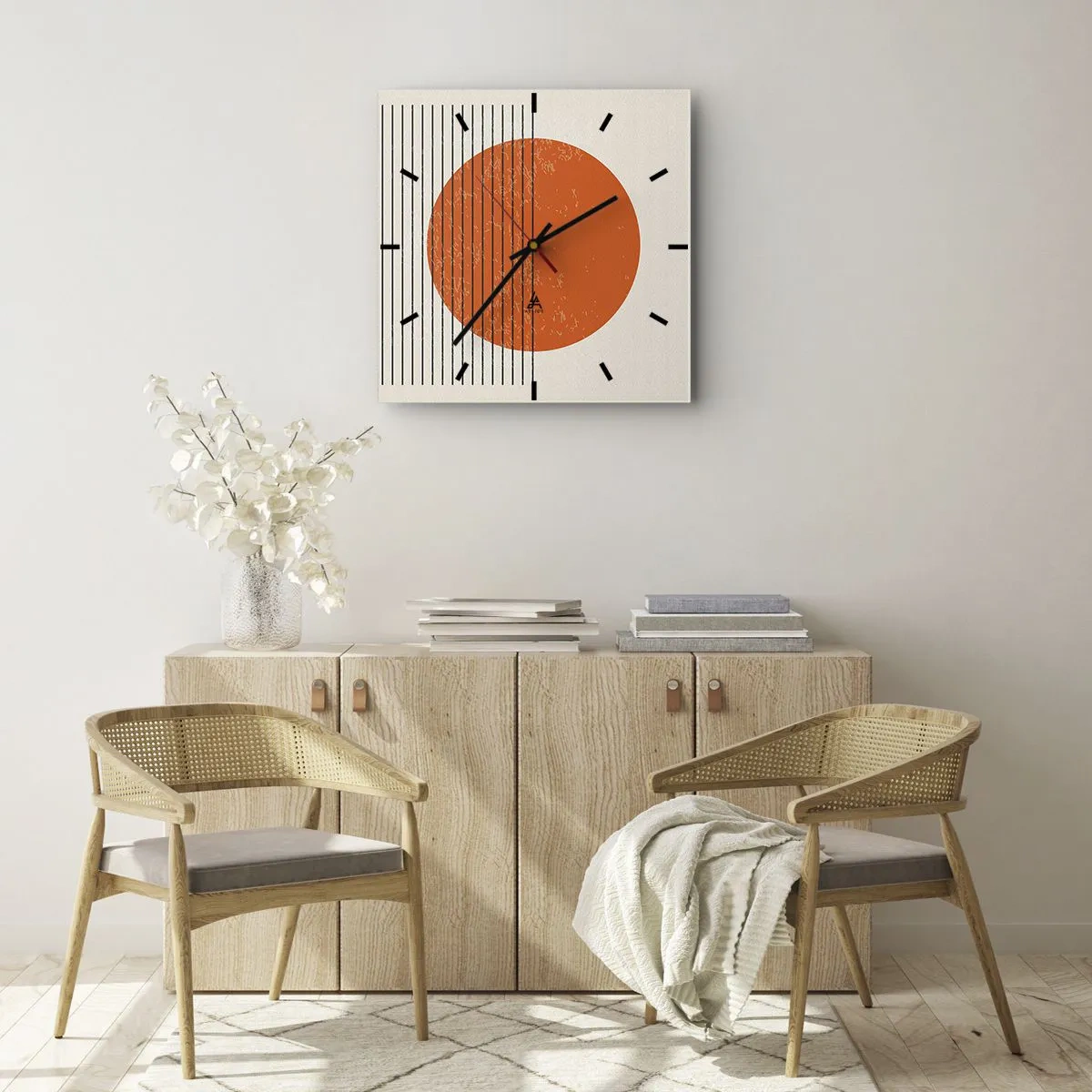 Wanduhr - Glasuhr - Minimalistische Sonne mit geometrischen Linien - 30x30cm - Immer die Sonne - Moderne Wanddekoration für Wohnzimmer und Schlafzimmer ARTTOR