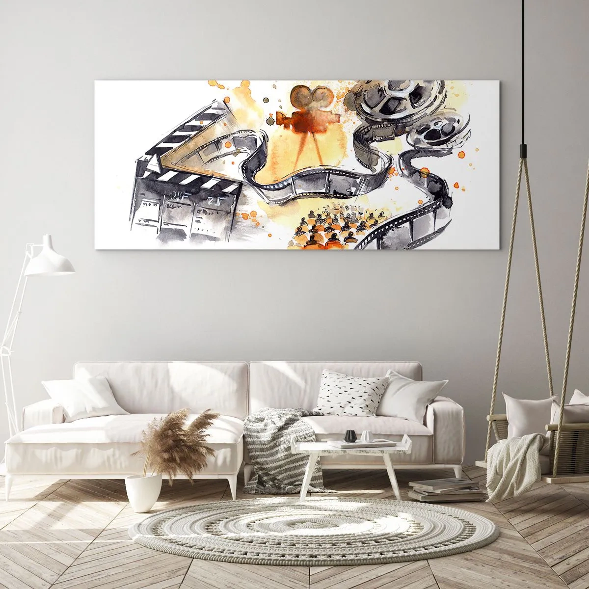 Glasbild - Bild auf glas - Die Symbolik des Kinos mit einem Filmstreifen in einem künstlerischen Aquarell - 160x50cm - Im Land der Träume - Moderne Wanddekoration für Wohnzimmer und Schlafzimmer ARTTOR