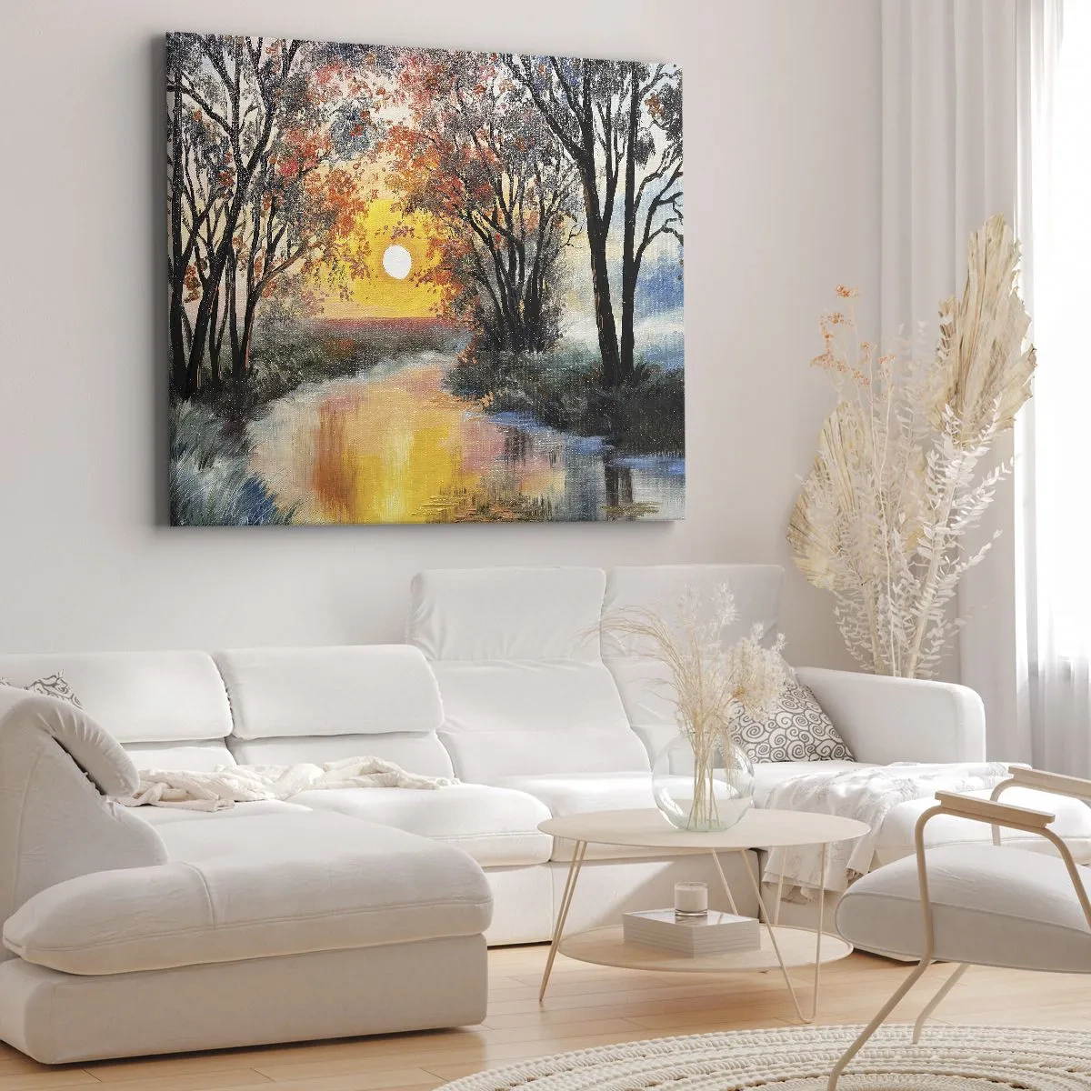 Bild auf Leinwand - Leinwandbild - Sonnenuntergang über dem Fluss in einer Herbstlandschaft - 70x50cm - Herbststimmung - Moderne Wanddekoration für Wohnzimmer und Schlafzimmer ARTTOR