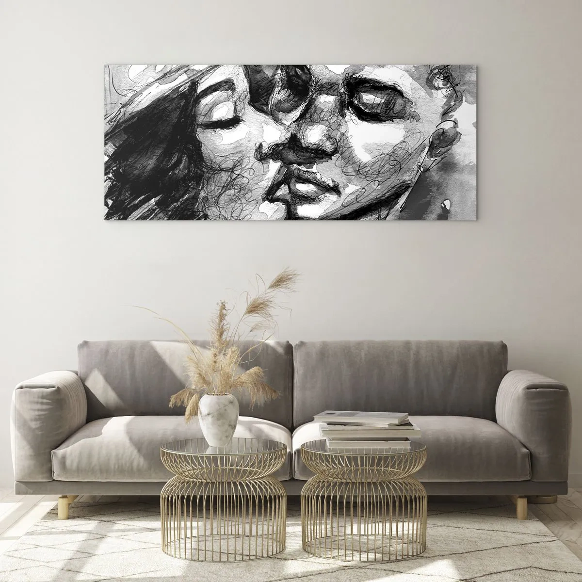 Glasbild - Bild auf glas - Ein schwarz-weißes Aquarell, das einen intimen Moment zwischen zwei Menschen darstellt. - 140x50cm - Zärtlicher Moment - Moderne Wanddekoration für Wohnzimmer und Schlafzimmer ARTTOR