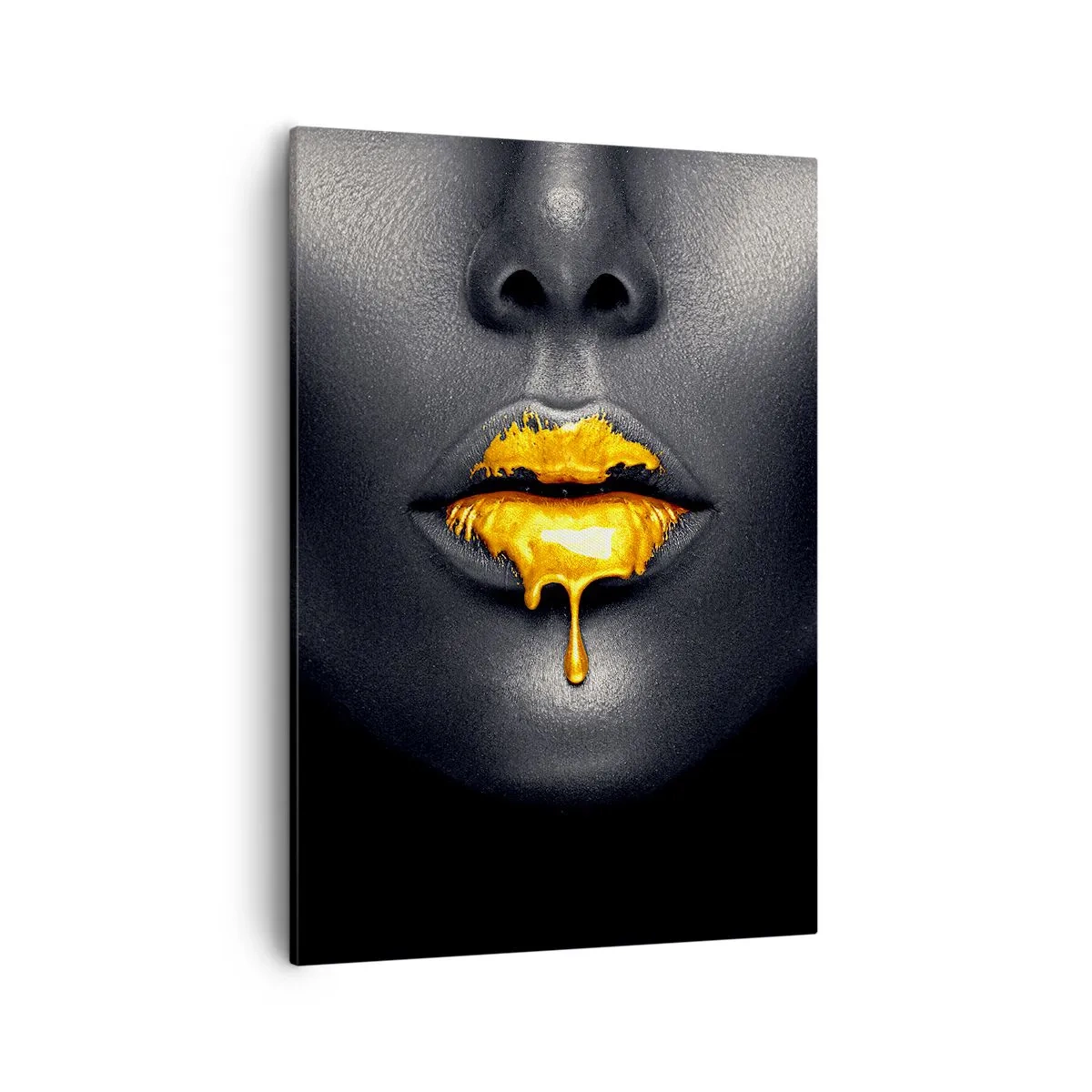 Bild auf Leinwand - Leinwandbild - Schwarz-goldenes Porträt einer Frau mit einem Tropfen Gold auf den Lippen - 50x70cm - Goldmaul - Moderne Wanddekoration für Wohnzimmer und Schlafzimmer ARTTOR