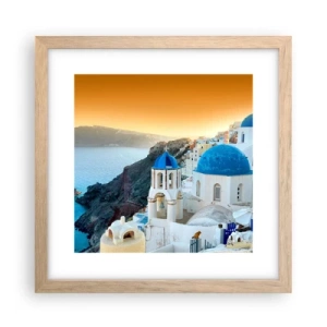 Poster in einem Rahmen aus heller Eiche - Santorini - an die Felsen gekuschelt - 30x30 cm