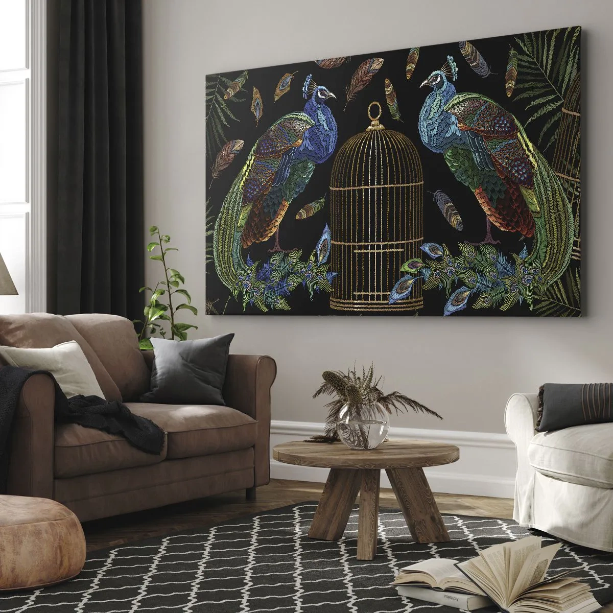 Bild auf Leinwand - Leinwandbild - Pfauen neben einem goldenen Käfig auf schwarzem Hintergrund - 70x50cm - In königlichen Gewändern - Moderne Wanddekoration für Wohnzimmer und Schlafzimmer ARTTOR