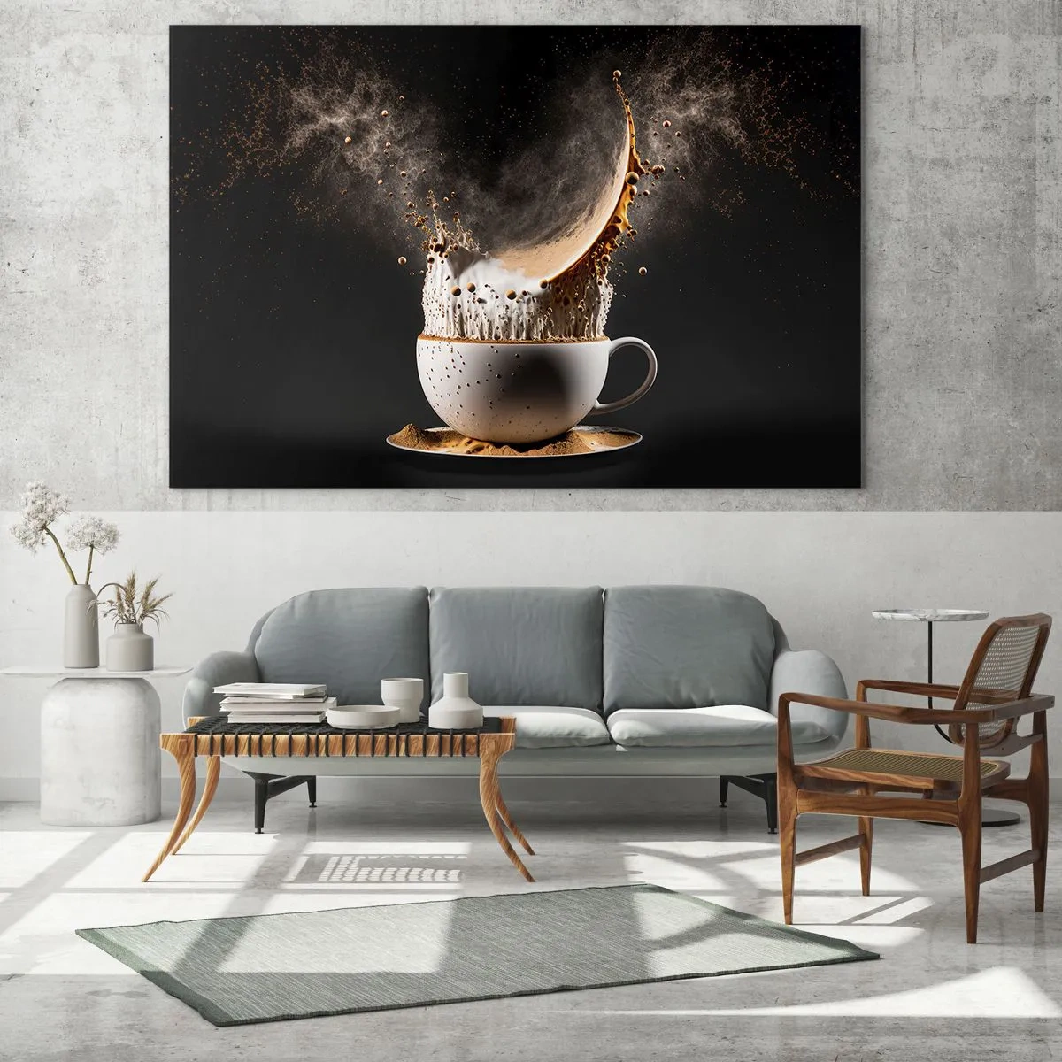 Glasbild - Bild auf glas - Kaffee mit Milch in einer dynamischen Aufnahme spritzen - 120x80cm - Geschmacksexplosion - Moderne Wanddekoration für Wohnzimmer und Schlafzimmer ARTTOR