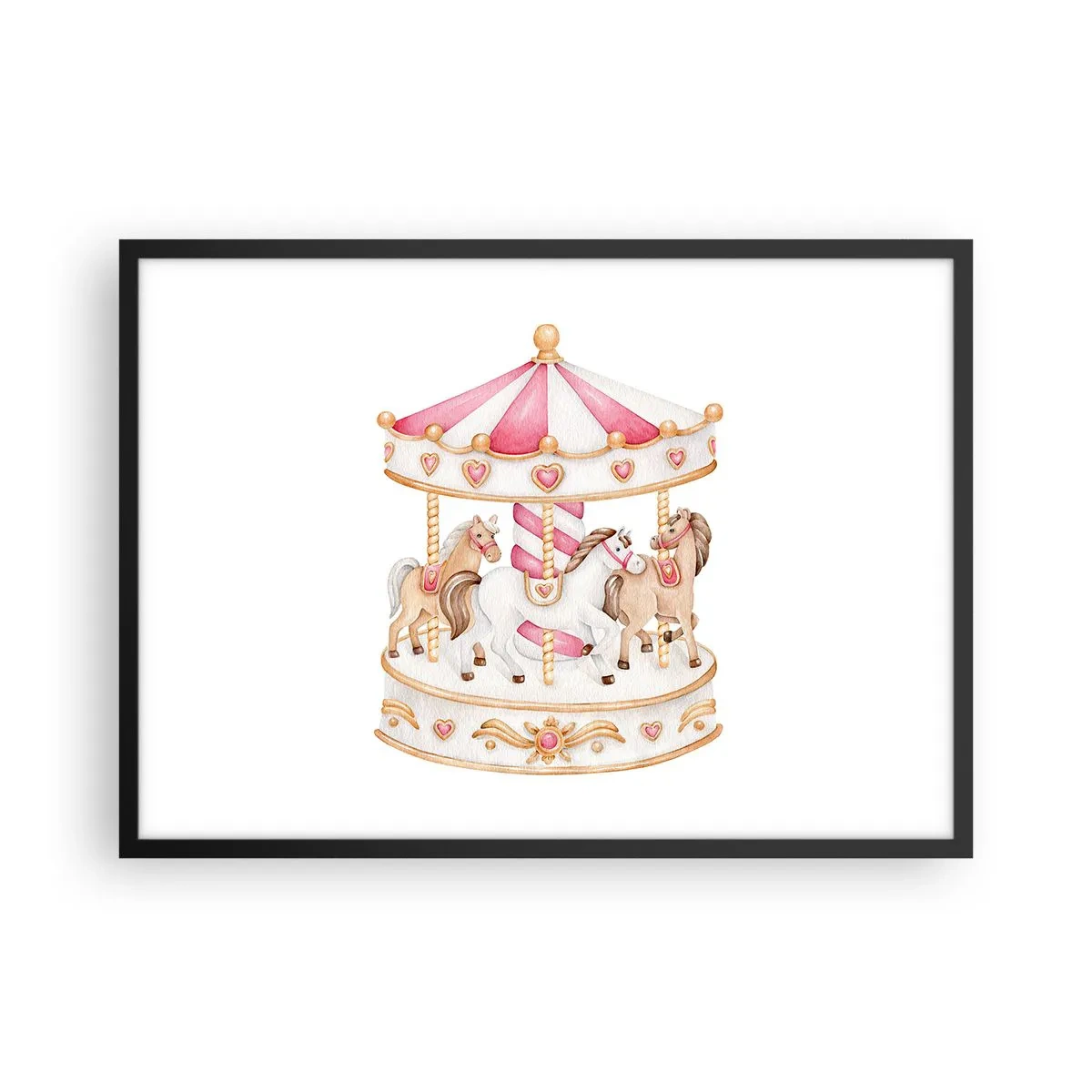 Poster in einem schwarzem Rahmen - Buntes Vintage-Karussell mit Pferden - 70x50cm - Süße Welt der Kindheit - Moderne Wanddekoration für Wohnzimmer und Schlafzimmer ARTTOR