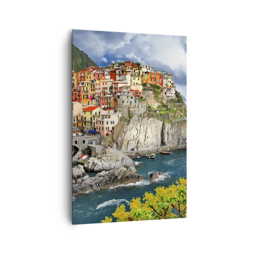 Bild auf Leinwand - Leinwandbild - Bunte Häuser auf einer Klippe mit Blick auf das Meer in Cinque Terre - 80x120cm - Eine Gruppe umarmt die Felsen - Moderne Wanddekoration für Wohnzimmer und Schlafzimmer ARTTOR