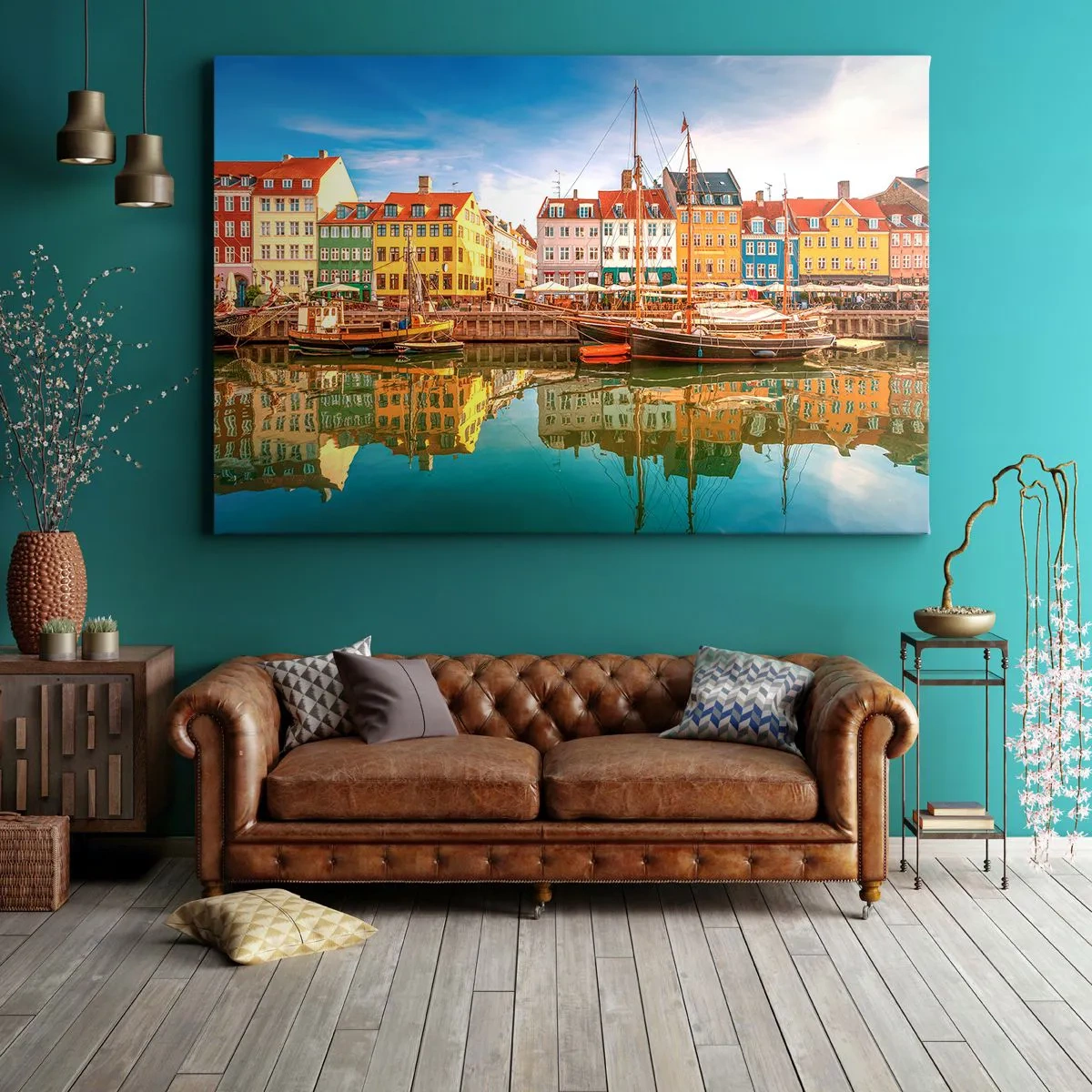 Bild auf Leinwand - Leinwandbild - Bunte Grachtenhäuser in Kopenhagen - 70x50cm - Glatt wie ein Spiegel über dem Wasser - Moderne Wanddekoration für Wohnzimmer und Schlafzimmer ARTTOR
