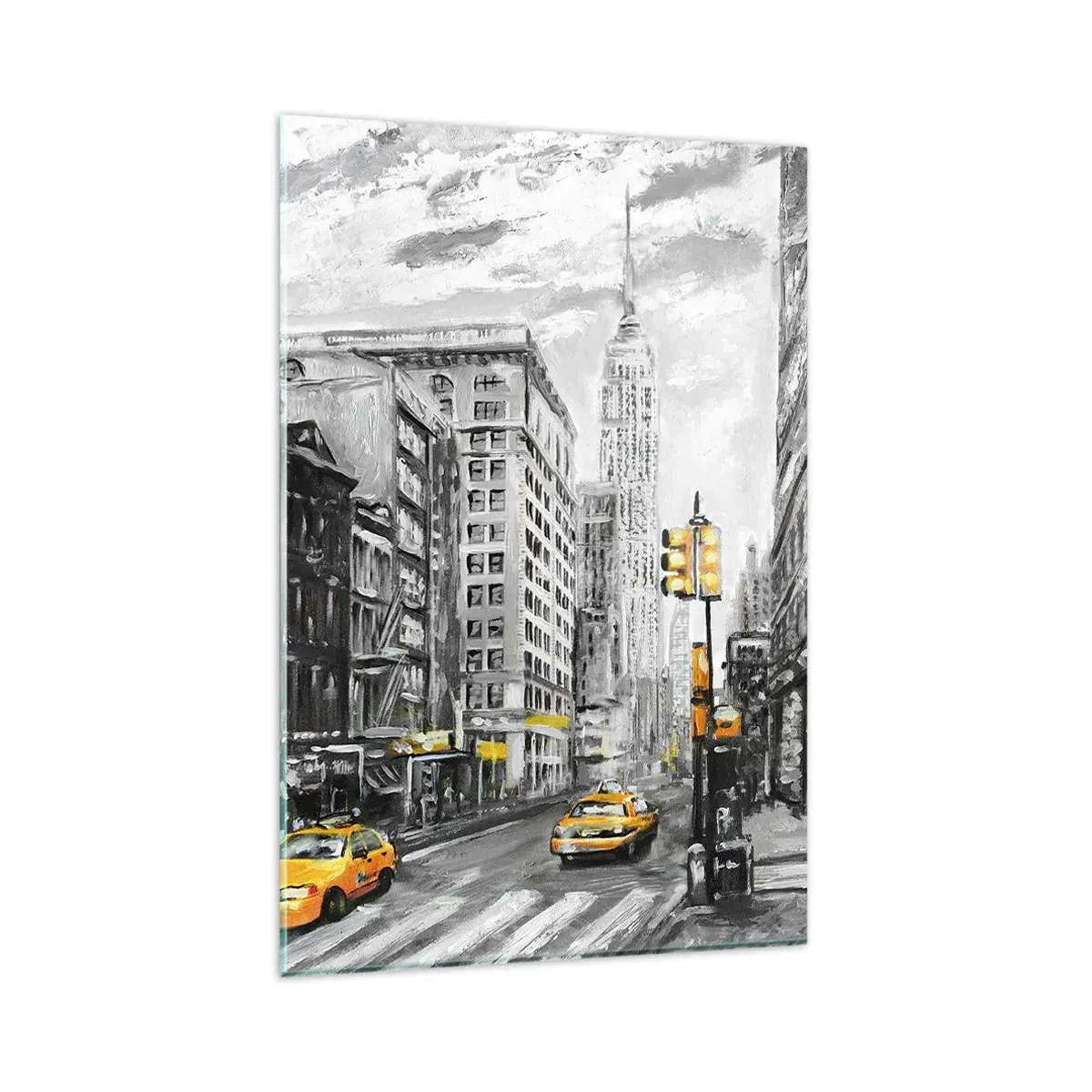 Glasbild - Bild auf glas - New Yorker Straße mit gelben Akzenten - 80x120cm - Eine New Yorker Geschichte - Moderne Wanddekoration für Wohnzimmer und Schlafzimmer ARTTOR