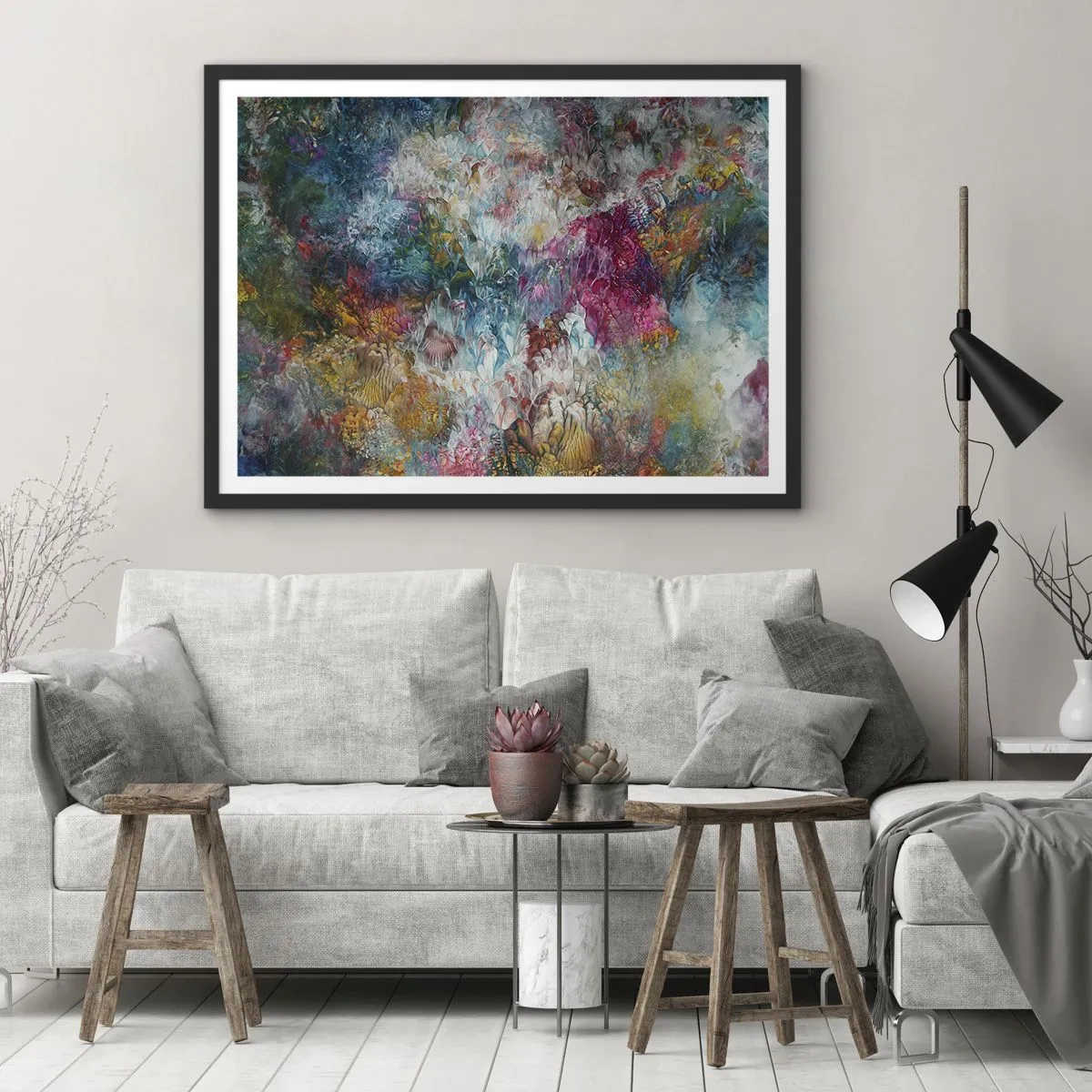 Poster in einem schwarzem Rahmen - Eine farbenfrohe Abstraktion, die an blühende Blumen erinnert - 70x50cm - In voller Blüte - Moderne Wanddekoration für Wohnzimmer und Schlafzimmer ARTTOR