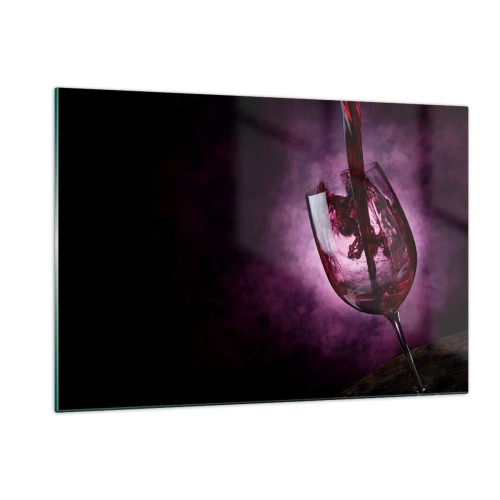 Glasbild - Bild auf glas - Rotwein wird vor violettem Hintergrund in ein Glas gegossen - 120x80cm - Scharlachrot? Karminrot? Nein, Rubin. - Moderne Wanddekoration für Wohnzimmer und Schlafzimmer ARTTOR