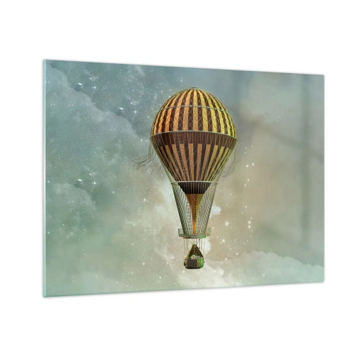 Glasbild - Bild auf glas - Ein stilisierter Ballon vor dem Hintergrund eines Sternenhimmels und Wolken. - 70x50cm - Pionierflüge - Moderne Wanddekoration für Wohnzimmer und Schlafzimmer ARTTOR