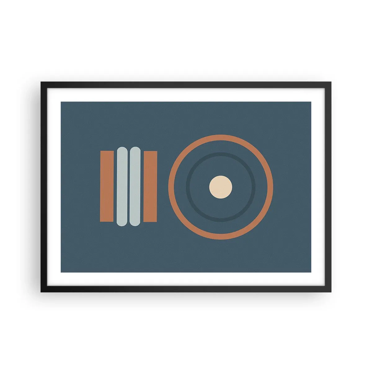 Poster in einem schwarzem Rahmen - Eine geometrische Komposition mit Kreisen und Rechtecken in gedämpften Farben. - 70x50cm - Das Wesen der Dinge - Moderne Wanddekoration für Wohnzimmer und Schlafzimmer ARTTOR