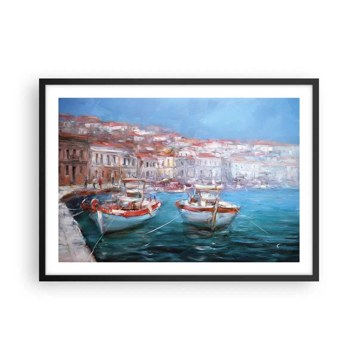 Poster in einem schwarzem Rahmen - Boote in einer malerischen italienischen Bucht - 70x50cm - Italienische Bucht - Moderne Wanddekoration für Wohnzimmer und Schlafzimmer ARTTOR