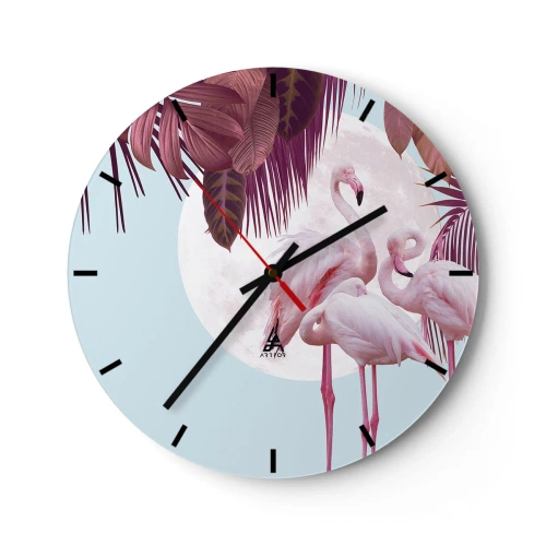 Wanduhr - Glasuhr - Flamingos vor dem Hintergrund des Mondes und tropischer Blätter - 30x30cm - Drei Vogelgnaden - Moderne Wanddekoration für Wohnzimmer, Küche und Schlafzimmer ARTTOR