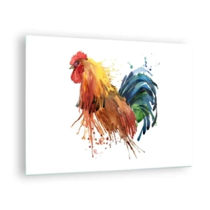 Glasbild - Bild auf glas - Aquarell Hahn in lebendigen Farben auf weißem Hintergrund - 70x50cm - Königliches Gewand, königlicher Stolz - Moderne Wanddekoration für Wohnzimmer und Schlafzimmer ARTTOR