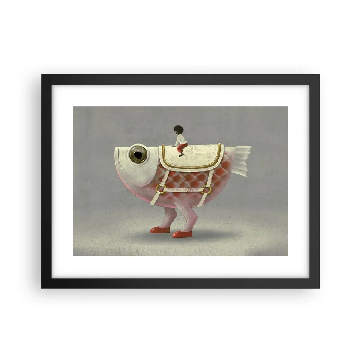 Poster in einem schwarzem Rahmen - Reiter auf einem surrealen Fisch - 40x30 cm