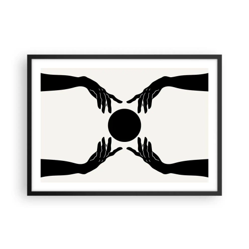 Poster in einem schwarzem Rahmen - Schwarze Hände in einer symmetrischen Komposition mit einer Kugel - 70x50cm - Geheimes Zeichen - Moderne Wanddekoration für Wohnzimmer und Schlafzimmer ARTTOR