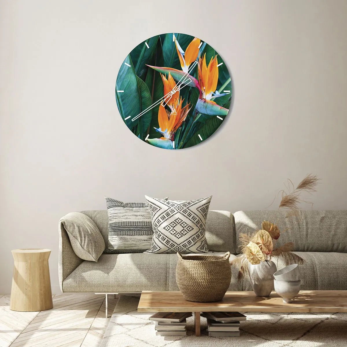 Wanduhr - Glasuhr - Exotische Strelitzienblüten vor einem Hintergrund aus grünen Blättern - 30x30cm - Ist es eine Blume oder ist es ein Vogel? - Moderne Wanddekoration für Wohnzimmer, Küche und Schlafzimmer ARTTOR