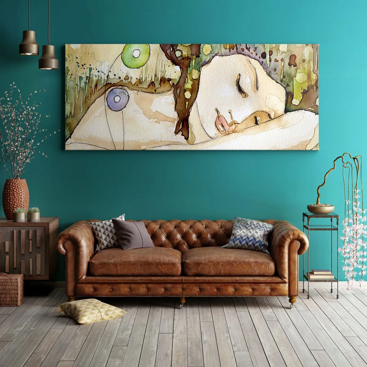 Bild auf Leinwand - Leinwandbild - Eine träumende Frau, umgeben von abstrakten Formen und Farben. - 140x50cm - Ein smaragd-violetter Traum - Moderne Wanddekoration für Wohnzimmer und Schlafzimmer ARTTOR