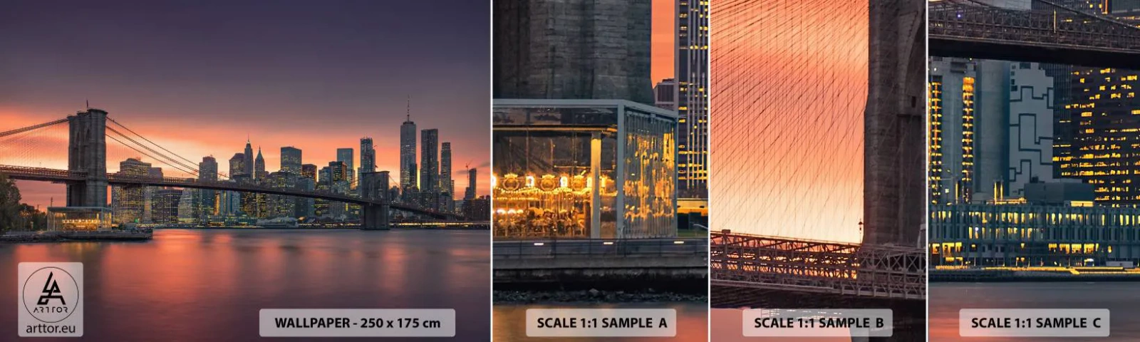 Fototapeten Muster Selbstklebend Deluxe Sticker - Eingetaucht in lila Stille - New York, Stadt, Brooklyn Brücke - 100x30 cm