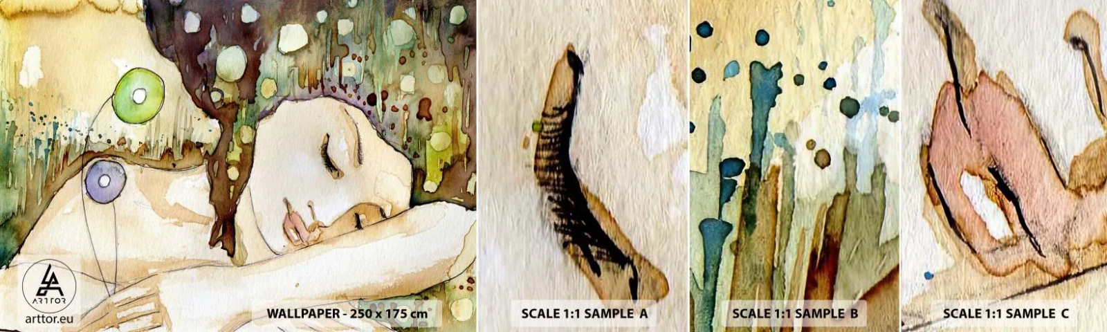 Fototapetenmuster Standard Eco - Ein smaragd-violetter Traum - Abstraktion, Frau, Illustration - 100x30 cm