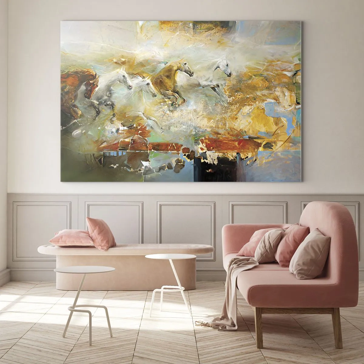 Glasbild - Bild auf glas - Abstrakte Pferde in dynamischer Bewegung - 70x50cm - Im Galopp durch das Licht - Moderne Wanddekoration für Wohnzimmer und Schlafzimmer ARTTOR