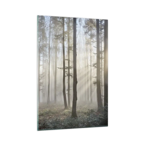 Glasbild - Bild auf glas - Ein Wald in leichtem Nebel mit Sonnenstrahlen, die durch die Bäume scheinen - 80x120cm - Der Nebel ist auch aufgewacht - Moderne Wanddekoration für Wohnzimmer und Schlafzimmer ARTTOR