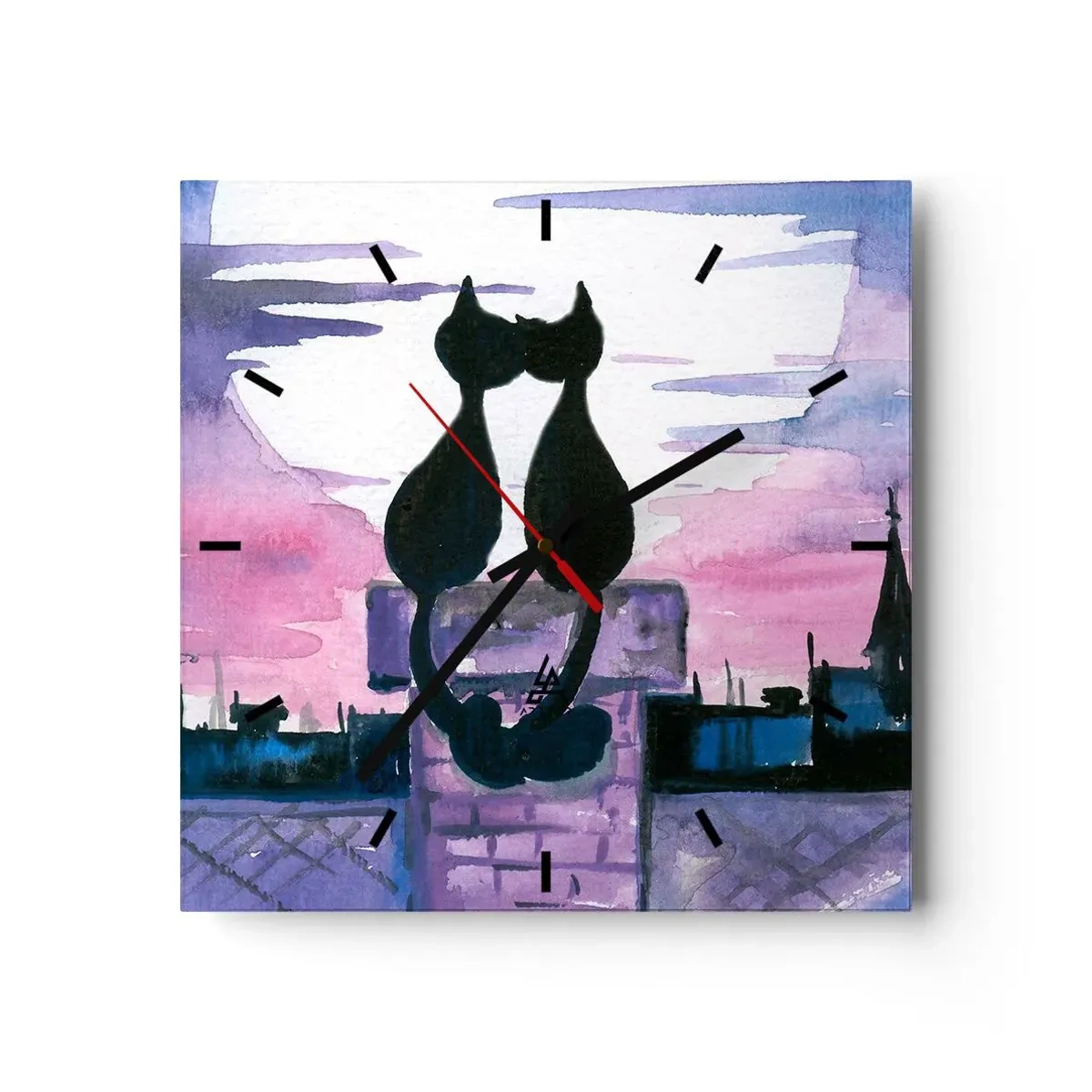 Wanduhr - Glasuhr - Schwarze Katzen auf einem Dach im Mondlicht in einer Aquarell-Kulisse - 30x30cm - Rendez-vous unter dem Mond - Moderne Wanddekoration für Wohnzimmer und Schlafzimmer ARTTOR