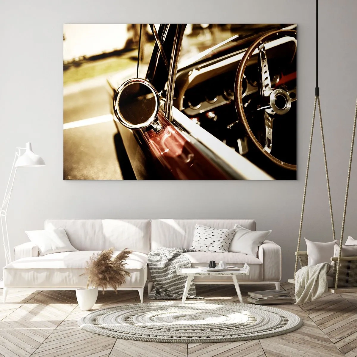Glasbild - Bild auf glas - Oldtimer-Interieur im Retro-Stil - 100x70cm - Ein Auto mit Seele - Moderne Wanddekoration für Wohnzimmer und Schlafzimmer ARTTOR