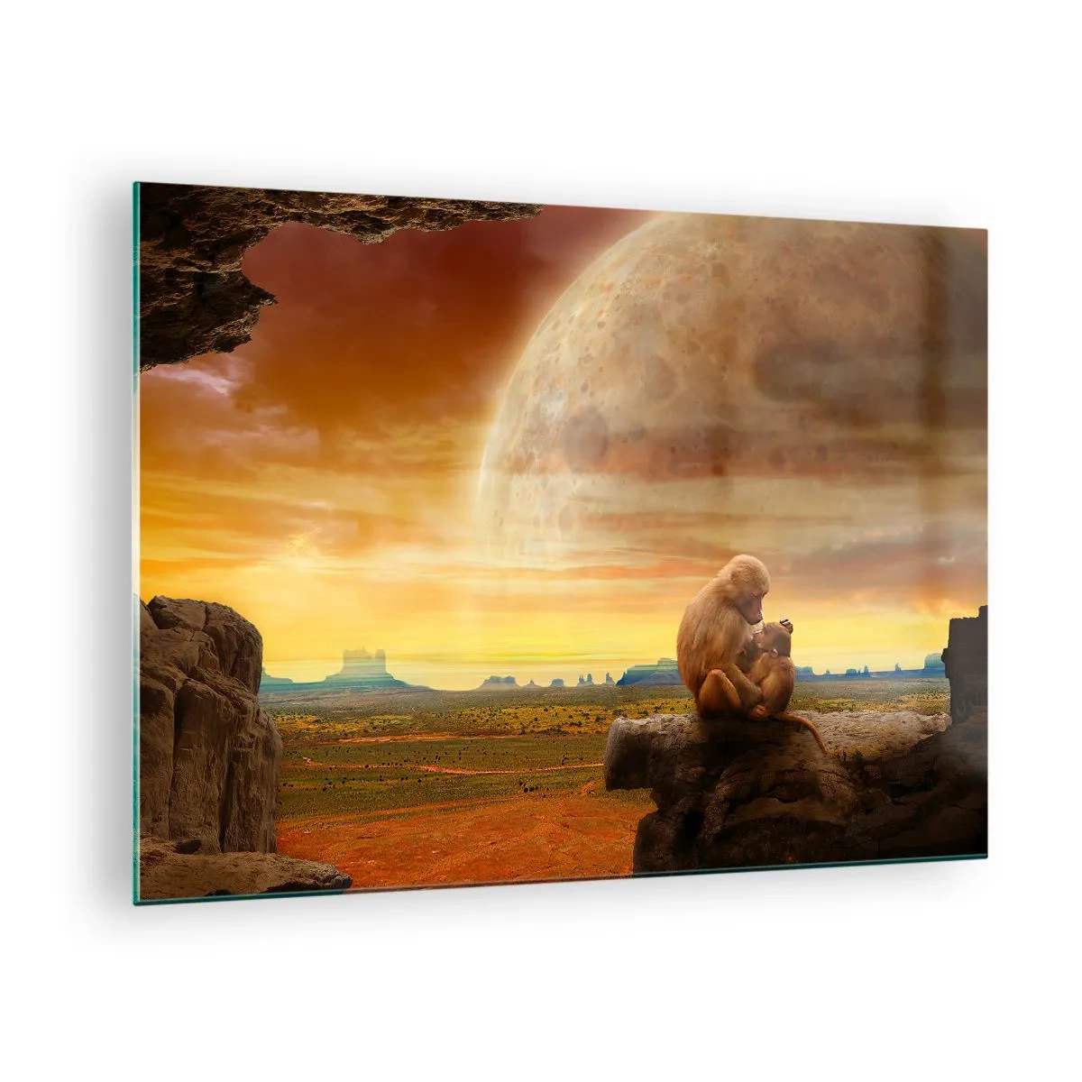 Glasbild - Bild auf glas - Affen sitzen auf einem Felsen mit einem riesigen Mond im Hintergrund - 70x50cm - Die Liebe ist überall gleich - Moderne Wanddekoration für Wohnzimmer und Schlafzimmer ARTTOR