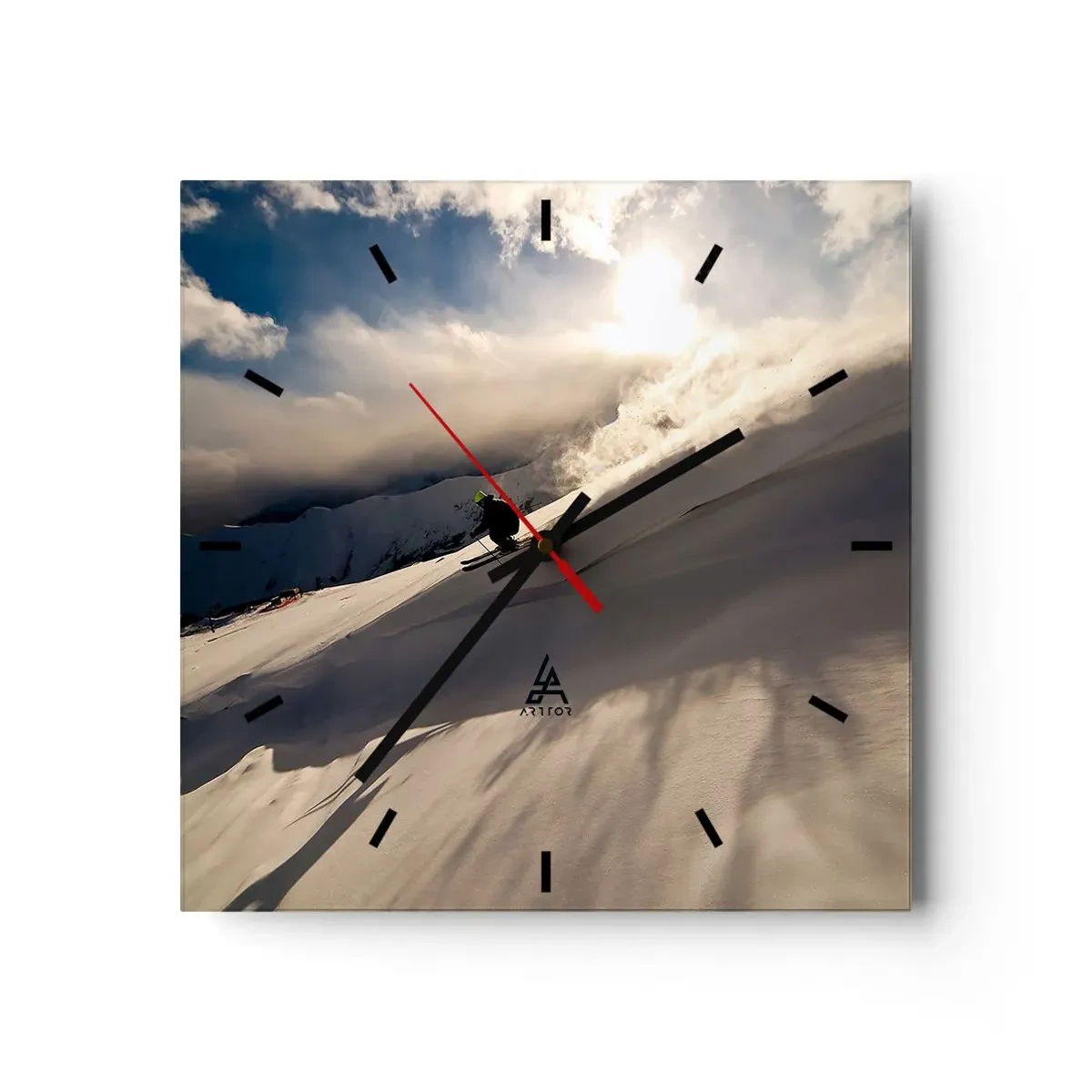 Wanduhr - Glasuhr - Ein Skifahrer auf einer Piste, umgeben von Bergen und Schnee - 30x30cm - Bergherausforderung angenommen - Moderne Wanddekoration für Wohnzimmer und Schlafzimmer ARTTOR