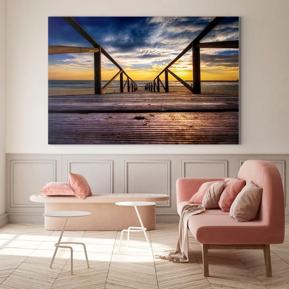 Glasbild - Bild auf glas - Pier, der bei Sonnenuntergang zum Strand führt - 70x50cm - Direkt zum ruhigen Strand bei Sonnenuntergang - Moderne Wanddekoration für Wohnzimmer und Schlafzimmer ARTTOR