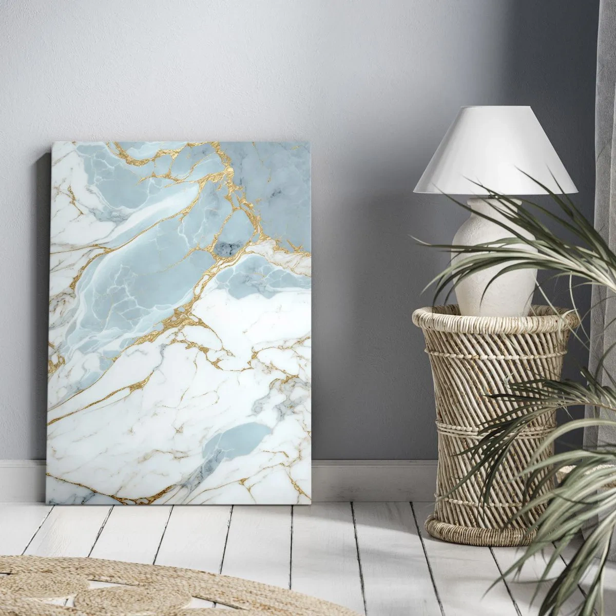 Bild auf Leinwand - Leinwandbild - Blaue und weiße Marmormuster mit zusätzlichen goldenen Adern - 80x120cm - Reichtum des Steins - Moderne Wanddekoration für Wohnzimmer und Schlafzimmer ARTTOR