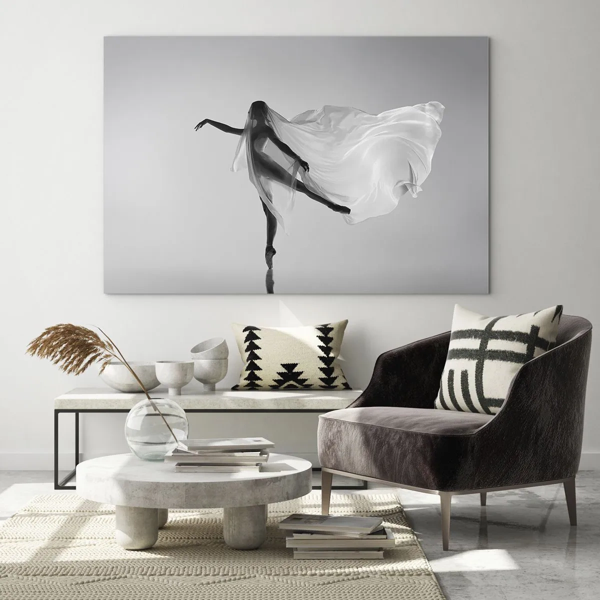 Glasbild - Bild auf glas - Silhouette einer Tänzerin mit schwebendem Schleier in Bewegung - 70x50cm - Leichtigkeit und Anmut - Moderne Wanddekoration für Wohnzimmer und Schlafzimmer ARTTOR