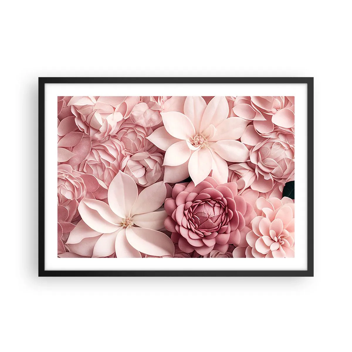 Poster in einem schwarzem Rahmen - Blumen in Rosa- und Weißtönen in künstlerischer Umsetzung - 70x50cm - In rosa Blütenblättern - Moderne Wanddekoration für Wohnzimmer und Schlafzimmer ARTTOR