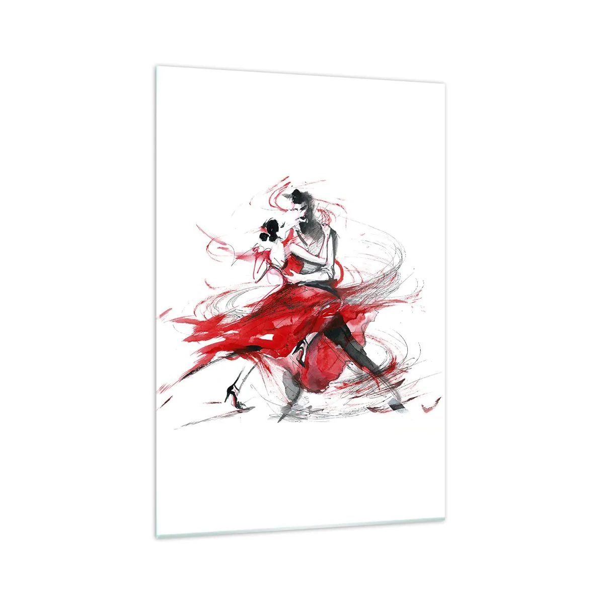 Glasbild - Bild auf glas - Tänzer in einem dynamischen Tanz mit roten Akzenten - 70x100cm - Tango – der Rhythmus der Leidenschaft - Moderne Wanddekoration für Wohnzimmer und Schlafzimmer ARTTOR