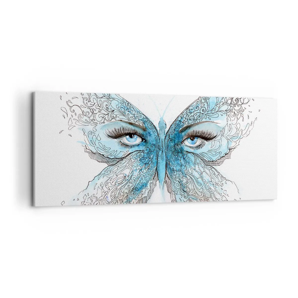 Bild auf Leinwand - Leinwandbild - Künstlerisches Aquarell eines Schmetterlings mit blauen Augen - 120x50cm - Eros Blaumeise - Moderne Wanddekoration für Wohnzimmer und Schlafzimmer ARTTOR