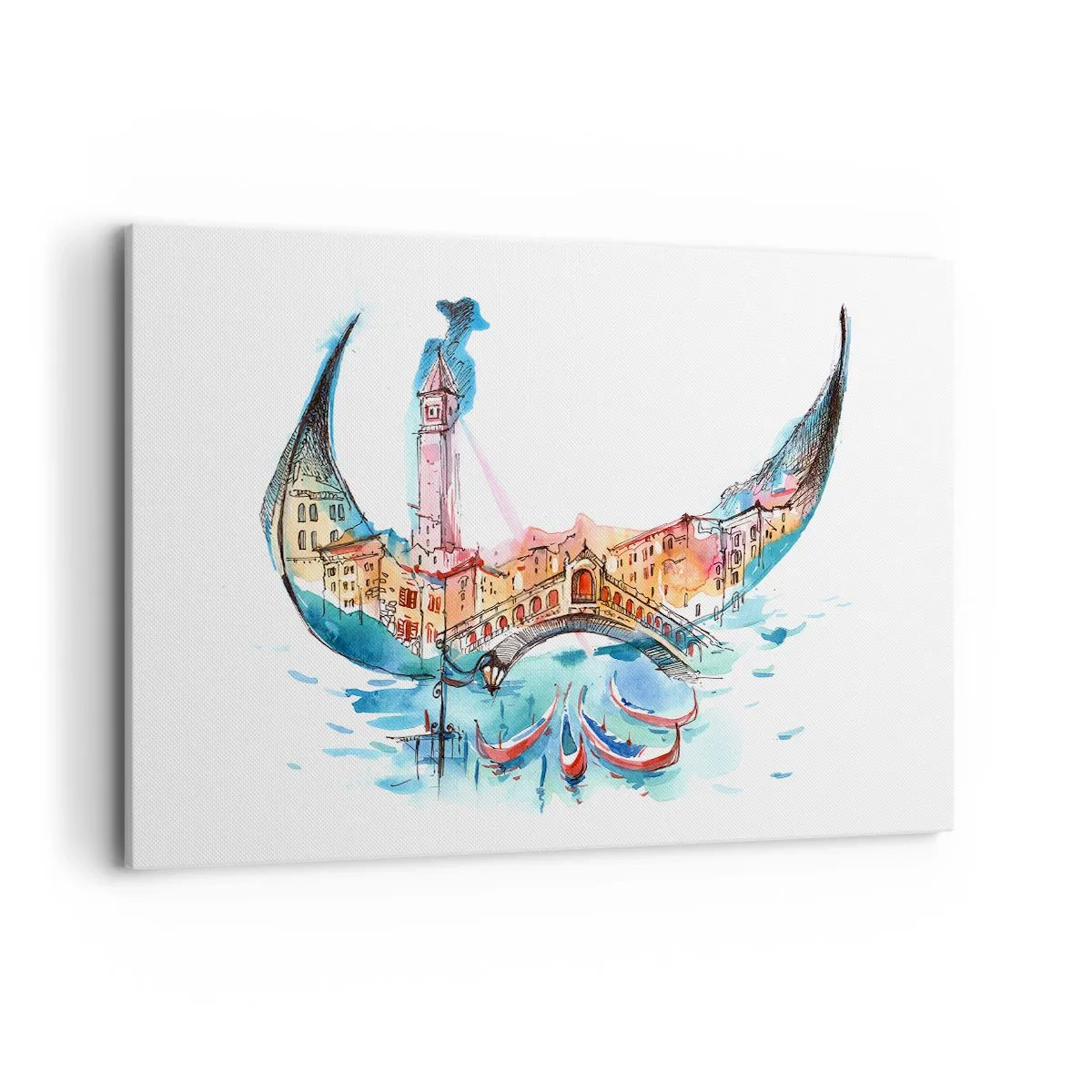 Bild auf Leinwand - Leinwandbild - Eine Aquarellkomposition von Venedig in Form einer Gondel - 120x80cm - Wir segeln durch die Stadt - Moderne Wanddekoration für Wohnzimmer und Schlafzimmer ARTTOR