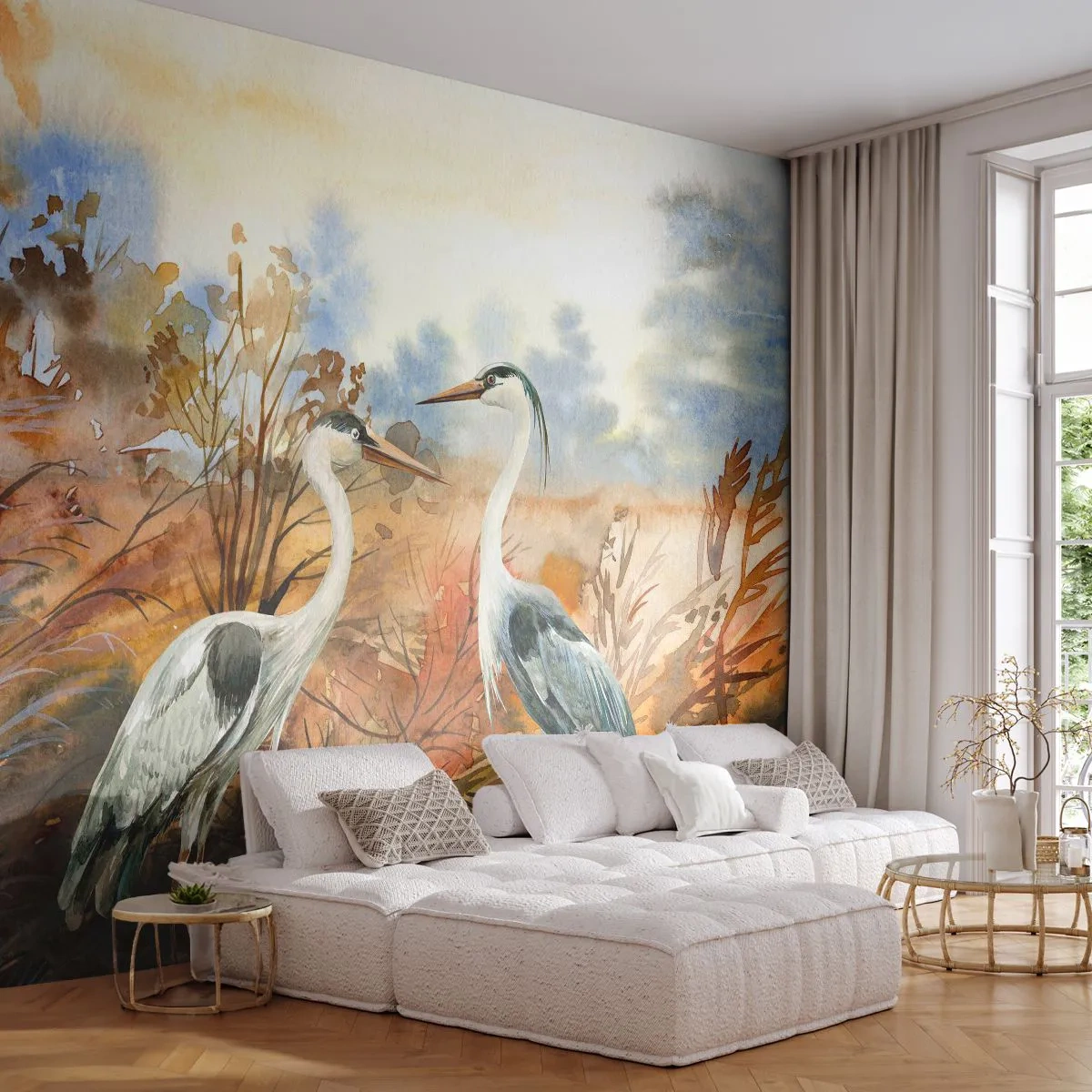 Selbstklebende Fototapete Deluxe Sticker - Wohin im Herbst? - Kran, Vögel, Natur - 100x70 cm