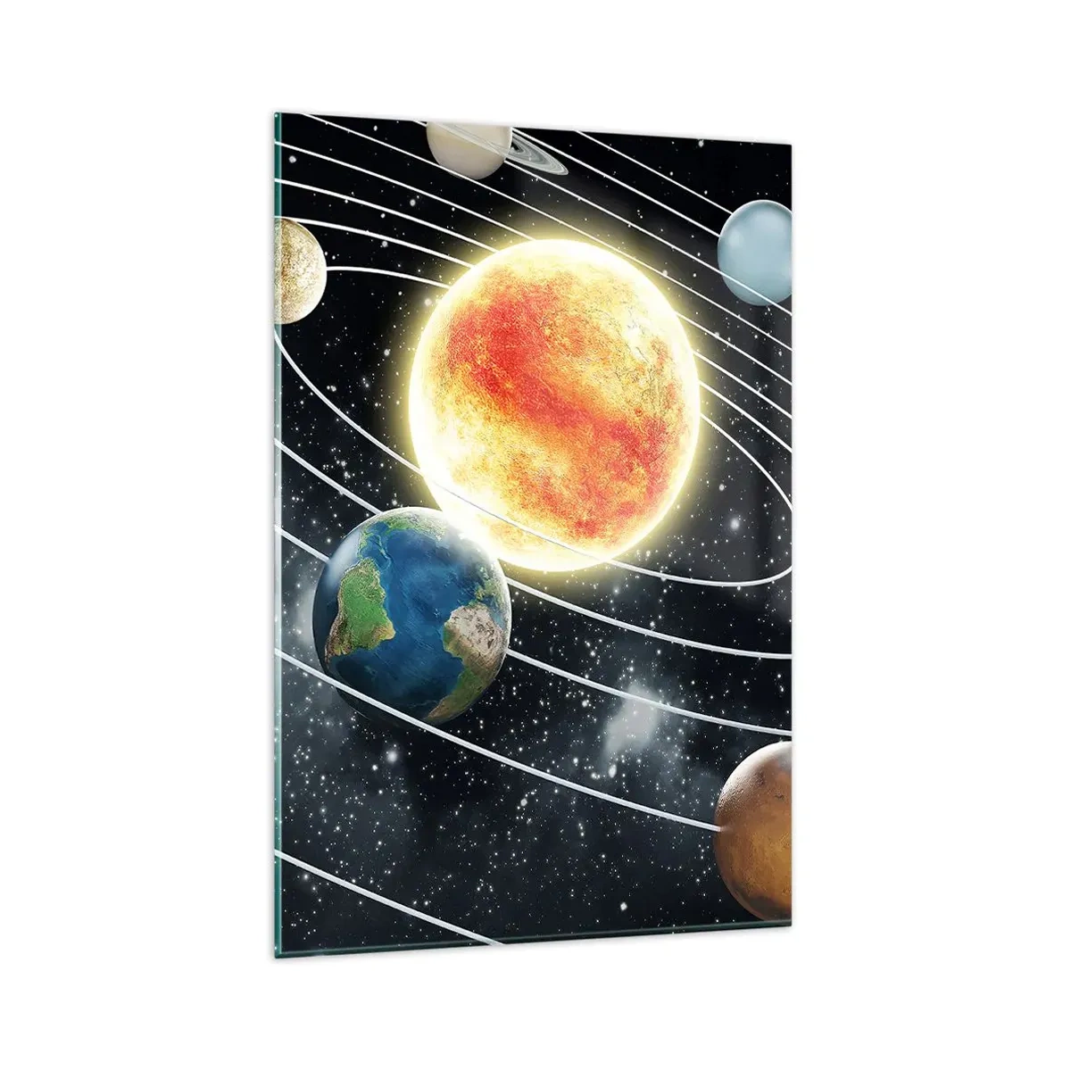 Glasbild - Bild auf glas - Sonnensystem mit Planeten und Sonne im Weltraum - 80x120cm - Kosmischer Tanz - Moderne Wanddekoration für Wohnzimmer und Schlafzimmer ARTTOR