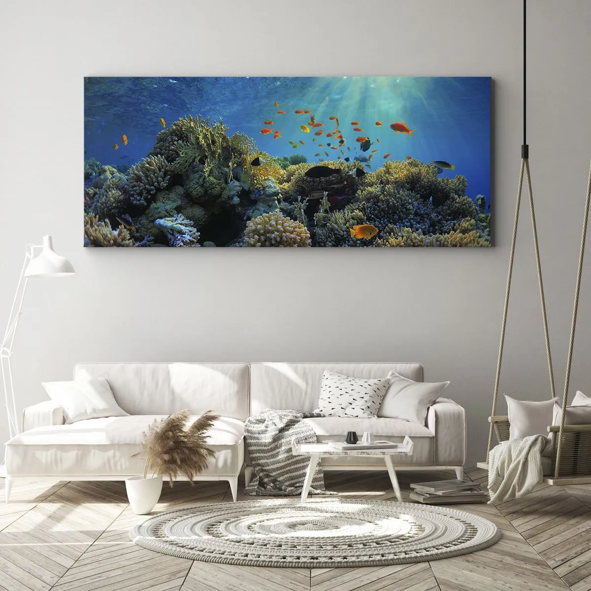 Bild auf Leinwand - Leinwandbild - Korallenriff mit Fischen in den Sonnenstrahlen unter Wasser - 120x50cm - Unterwasserschätze - Moderne Wanddekoration für Wohnzimmer und Schlafzimmer ARTTOR