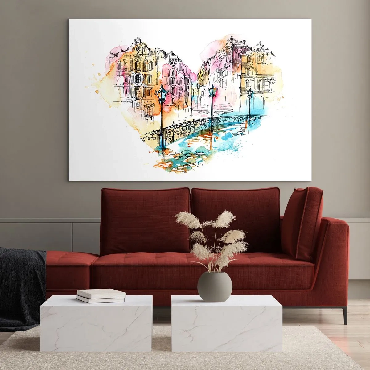 Glasbild - Bild auf glas - Romantische Mietshäuser mit herzförmiger Brücke, Aquarell - 70x50cm - Das Herz der Stadt - Moderne Wanddekoration für Wohnzimmer und Schlafzimmer ARTTOR