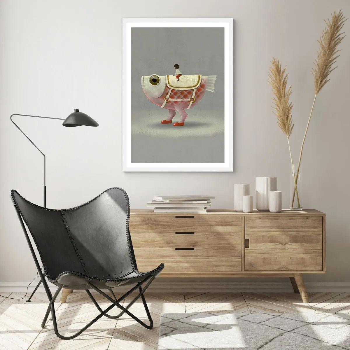 Poster in einem weißen Rahmen - Reiter auf einem surrealen Fisch - 50x70 cm