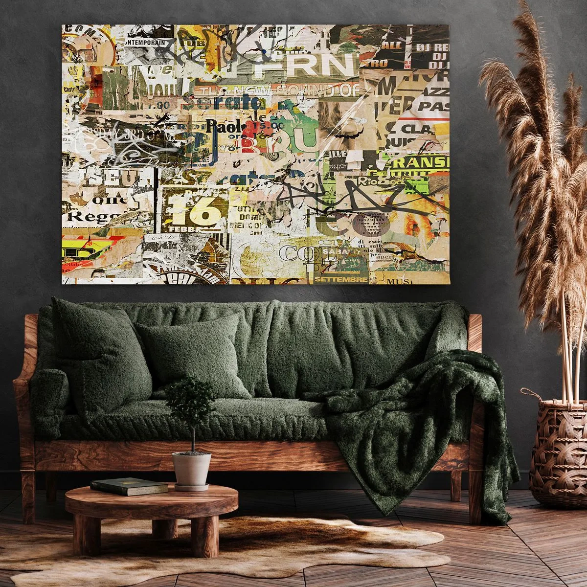 Bild auf Leinwand - Leinwandbild - Eine Collage aus Zeitungs- und Plakatfragmenten im künstlerischen Stil. - 120x80cm - Ach, es passiert... - Moderne Wanddekoration für Wohnzimmer und Schlafzimmer ARTTOR